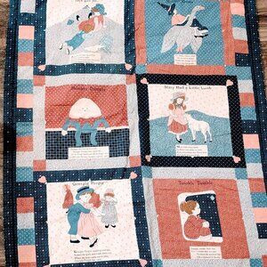 VTG Nursery Rhyme Crib Quilt Baby Blanket Patchwork 32*41 Navy Pink Mother Goose